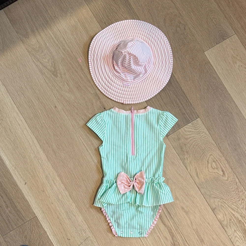 Kids Mint & Pink Ruffle One-Piece Swimsuit with Sun Hat